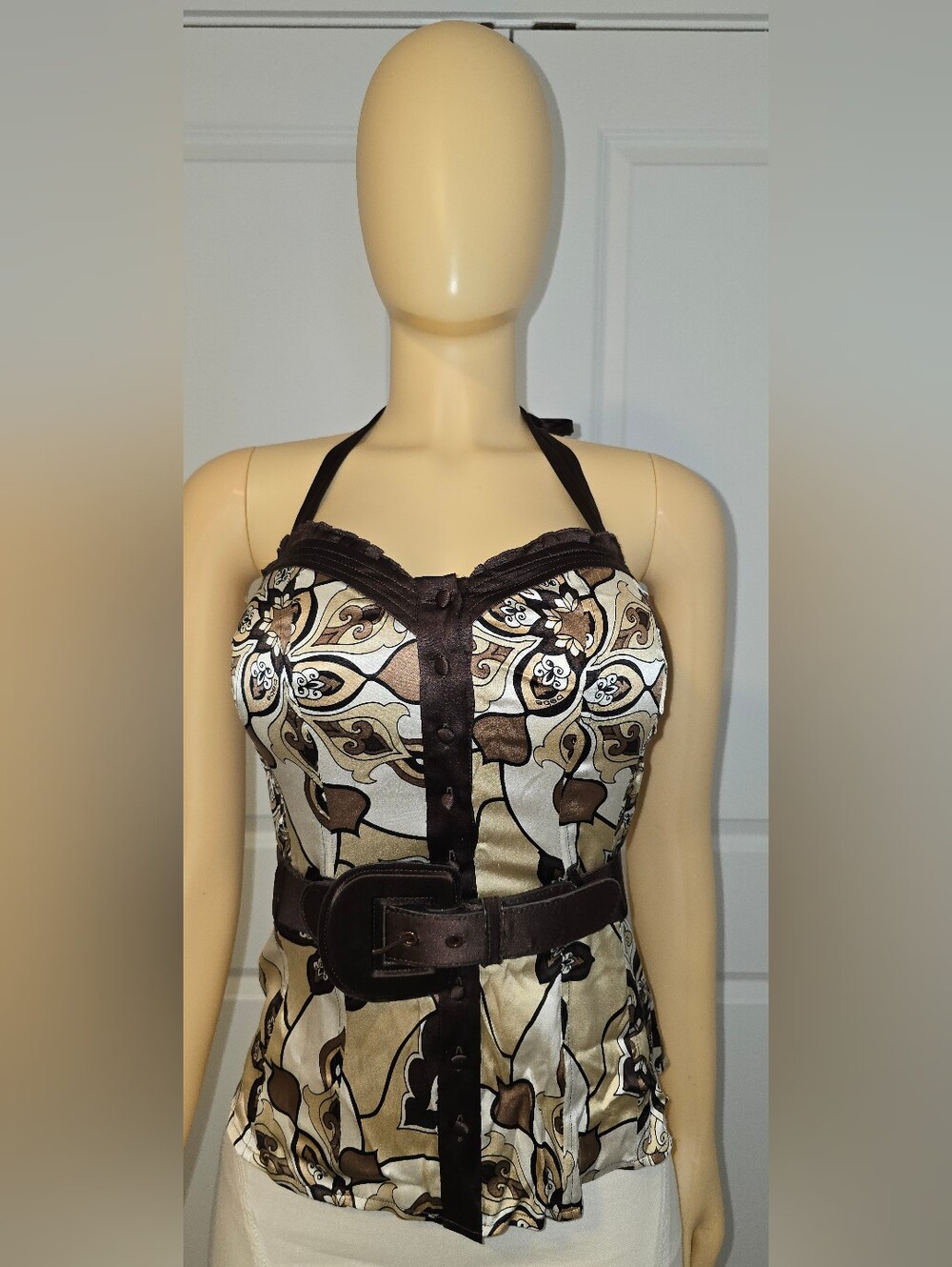 Bebe Women’s Halter Floral Print Satin Top with Belt - Brown/Beige/White